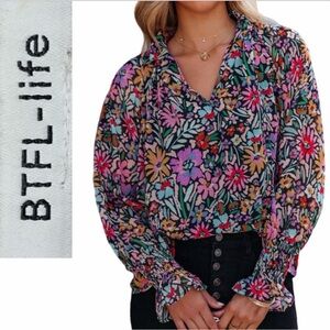 BTFL-Life Floral Ruffle Blouse Size Large | V-Neck Long Sleeve Boho Top